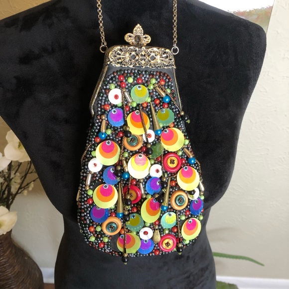 VTG Beaded Multicolored Handbag w/ Metal Flower - Picture 8 of 8